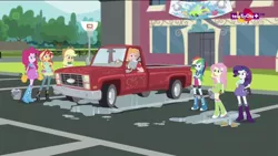 Size: 1600x900 | Tagged: safe, derpibooru import, screencap, applejack, big macintosh, fluttershy, pinkie pie, rainbow dash, rarity, sunset shimmer, dance magic, equestria girls, spoiler:eqg specials, car wash, pickup truck, teletoon, truck, washing