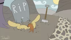 Size: 2560x1440 | Tagged: safe, artist:fakskis, derpibooru import, feather bangs, pony, hard to say anything, alternate ending, bad end, buried, colored sketch, gravestone, grimderp, implied death, legs in air, plot, shovel, sketch, tree