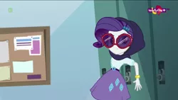 Size: 1600x900 | Tagged: safe, derpibooru import, screencap, rarity, dance magic, equestria girls, spoiler:eqg specials, crystal prep academy, female, lockers, sneaking, solo, sunglasses, television