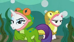 Size: 1920x1080 | Tagged: safe, derpibooru import, screencap, rarity, sweetie belle, pony, forever filly, frog costume, ribbity, sweetie belle is not amused, tadpole belle