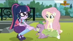 Size: 1136x640 | Tagged: safe, derpibooru import, screencap, fluttershy, sci-twi, spike, spike the regular dog, twilight sparkle, dog, dance magic, equestria girls, spoiler:eqg specials, boots, bowtie, clothes, crossed legs, cute, eyes closed, fence, glasses, high heel boots, kneeling, mary janes, parking lot, paws, ponytail, shoes, skirt, socks, tree