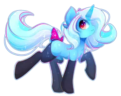 Size: 1228x973 | Tagged: safe, artist:koveliana, derpibooru import, trixie, pony, unicorn, bow, chest fluff, chromatic aberration, clothes, cute, ear fluff, female, horn, mare, missing accessory, pose, raised hoof, side view, simple background, smiling, socks, solo, sparkles, standing, stockings, tail bow, thigh highs, transparent background