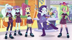 Size: 1600x900 | Tagged: safe, derpibooru import, screencap, aqua blossom, lemon zest, rarity, scott green, sour sweet, sugarcoat, sunny flare, dance magic, equestria girls, spoiler:eqg specials, background human, bag, boots, bowtie, bracelet, clothes, crossed arms, crystal prep academy uniform, cute, eyes closed, freckles, glasses, headphones, high heel boots, high heels, jewelry, leggings, microphone, music notes, pigtails, pleated skirt, ponytail, raised leg, school uniform, shoes, skirt, socks, teletoon, twintails