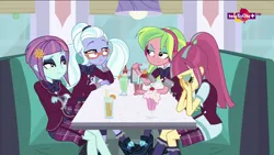 Size: 1600x900 | Tagged: safe, derpibooru import, screencap, lemon zest, sour sweet, sugarcoat, sunny flare, dance magic, equestria girls, spoiler:eqg specials, double facepalm, milkshake, sad, sitting, table, teletoon