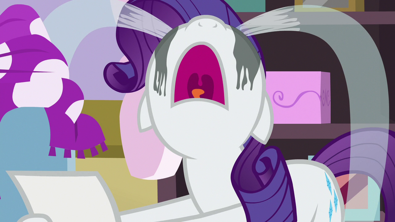 Size: 1280x720 | Tagged: safe, derpibooru import, screencap, rarity, pony, unicorn, forever filly, crying, female, makeup, mare, marshmelodrama, nose in the air, ocular gushers, open mouth, running makeup, solo, uvula, volumetric mouth