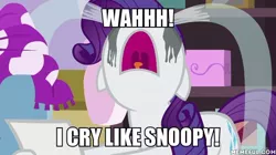 Size: 600x337 | Tagged: source needed, safe, derpibooru import, edit, edited screencap, screencap, rarity, pony, forever filly, crying, family guy, female, image macro, makeup, meme, ocular gushers, running makeup, solo