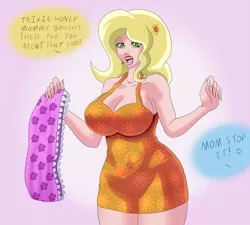Size: 1300x1170 | Tagged: artist:annon, big breasts, breasts, busty sunflower spectacle, busty trixie's mom, cleavage, clothes, derpibooru import, dialogue, dress, embarrassed, female, flower pattern underwear, frilly underwear, human, humanized, idw, implied trixie, milf, offscreen character, panties, pink underwear, pre-bimbo, solo, solo female, spoiler:comic, spoiler:comic40, suggestive, sunflower spectacle, underwear