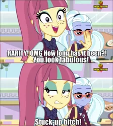 Size: 861x961 | Tagged: safe, derpibooru import, edit, edited screencap, screencap, sour sweet, sugarcoat, dance magic, equestria girls, spoiler:eqg specials, bipolar, clothes, crystal prep academy uniform, freckles, image macro, meme, ponytail, school uniform, two-face sour sweet, vulgar