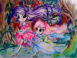 Size: 1080x810 | Tagged: safe, artist:liaaqila, derpibooru import, rarity, sweetie belle, equestria girls, make new friends but keep discord, beautiful, boots, clothes, cute, dress, everfree forest, gala dress, high heels, looking at each other, racing, running, sisters, windswept mane
