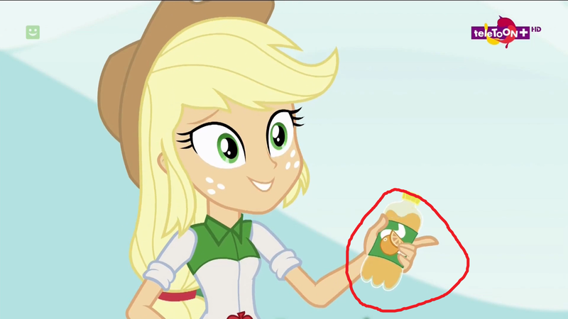 Size: 1600x900 | Tagged: safe, derpibooru import, edit, edited screencap, screencap, applejack, dance magic, equestria girls, spoiler:eqg specials, bottle, juice, orange juice, solo, teletoon