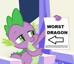 Size: 558x488 | Tagged: abuse, derpibooru import, dragon, edit, edited screencap, exploitable meme, forced meme, meme, safe, screencap, solo, spike, spikeabuse, spike holding a paper, the crystalling, vulgar, worst pony