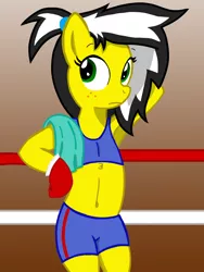 Size: 1200x1600 | Tagged: safe, artist:toyminator900, derpibooru import, oc, oc:uppercute, unofficial characters only, anthro, earth pony, armpits, belly button, bipedal, boxing gloves, chest fluff, clothes, female, freckles, gradient background, mare, midriff, solo, sports bra, sports shorts, towel