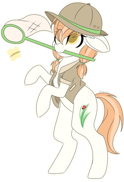 Size: 600x879 | Tagged: safe, artist:cinnamontee, derpibooru import, oc, unofficial characters only, butterfly, earth pony, pony, bipedal, clothes, female, hat, mare, net, pith helmet, simple background, solo, transparent background