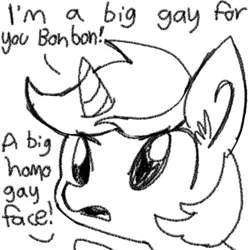 Size: 1280x1280 | Tagged: safe, artist:tjpones, derpibooru import, lyra heartstrings, pony, unicorn, baneposting, black and white, dialogue, ear fluff, female, grayscale, implied bon bon, lesbian, lyrabon, monochrome, open mouth, shipping, simple background, solo, white background