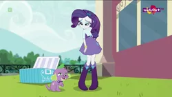Size: 1366x768 | Tagged: safe, derpibooru import, screencap, rarity, spike, spike the regular dog, dog, dance magic, equestria girls, spoiler:eqg specials, ble, boots, bracelet, clothes, cooler, female, fence, high heel boots, jewelry, male, mountain, paws, sad, skirt, spoiler, tree
