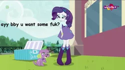 Size: 1366x768 | Tagged: suggestive, derpibooru import, edit, edited screencap, screencap, rarity, spike, spike the regular dog, dog, dance magic, equestria girls, spoiler:eqg specials, belt, boots, bracelet, caption, clothes, comic sans, cooler, fence, fuk, high heel boots, implied bestiality, implied sex, jewelry, lemme smash, skirt, spoiler, teletoon, vulgar