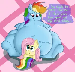 Size: 1524x1454 | Tagged: safe, artist:dullpoint, derpibooru import, fluttershy, rainbow dash, pony, belly, belly button, big belly, chubby cheeks, fat, obese, oh my, rainblob dash, sitting, sitting on pony