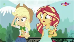 Size: 1366x768 | Tagged: safe, derpibooru import, screencap, applejack, sunset shimmer, dance magic, equestria girls, spoiler:eqg specials, juice, orange juice, orange soda, teletoon