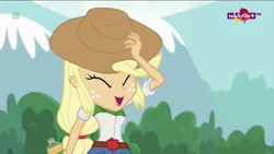 Size: 1366x768 | Tagged: safe, derpibooru import, screencap, applejack, dance magic, equestria girls, spoiler:eqg specials, cute, happy, hat, jackabetes, juice, orange juice, orange soda, teletoon