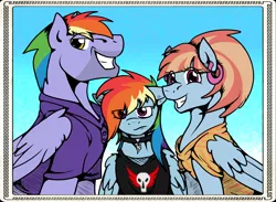 Size: 2818x2067 | Tagged: safe, artist:stormblaze-pegasus, derpibooru import, bow hothoof, rainbow dash, windy whistles, pegasus, pony, annoyed, choker, clothes, collar, cutie mark collar, ear piercing, earring, family, grumpy, jewelry, photo, piercing, polo shirt, punk, rainbow dash's parents, shirt, sitting, windyhoof