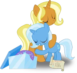 Size: 3138x3000 | Tagged: safe, artist:ruinedomega, derpibooru import, idw, sunflower spectacle, trixie, pony, unicorn, spoiler:comic, spoiler:comic40, clothes, crying, cute, diatrixes, female, filly, filly trixie, grades, hat, hug, idw showified, like mother like daughter, mare, mother and daughter, present, simple background, smiling, transparent background, trixie's hat, vector, younger