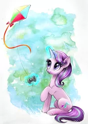 Size: 1500x2122 | Tagged: safe, artist:scheadar, derpibooru import, starlight glimmer, pony, unicorn, rock solid friendship, female, glowing horn, kite, kite flying, magic, mare, raised hoof, sitting, solo, that pony sure does love kites, watercolor painting