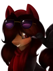 Size: 1135x1511 | Tagged: safe, artist:starchasesketches, derpibooru import, oc, oc:melany, unofficial characters only, bird, crow, pony, bust, clothes, grin, hat, portrait, profile, roblox, scarf, smiling, solo, suit, sunglasses
