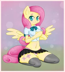 Size: 1610x1784 | Tagged: anthro, arm hooves, artist:mailinya, breasts, clothes, cute, derpibooru import, erect nipples, female, fluttershy, mare, nipple outline, panties, pegasus, plump rump, schoolgirl, smiling, solo, solo female, suggestive, underwear, unguligrade anthro