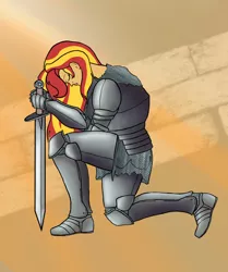 Size: 1000x1198 | Tagged: safe, artist:slamjam, derpibooru import, sunset shimmer, human, equestria girls, armor, chainmail, eyes closed, fantasy class, greaves, kneeling, knight, paladin, solo, sword, warrior, weapon