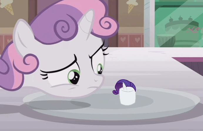 Size: 691x446 | Tagged: safe, derpibooru import, edit, edited screencap, screencap, rarity, sweetie belle, pony, forever filly, exploitable meme, food, marshmallow, meme, plate, rarity is a marshmallow, solo, sweetie's plate, template