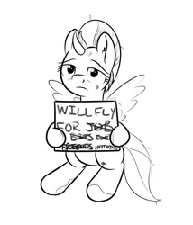 Size: 1280x1493 | Tagged: dead source, safe, artist:yakoshi, derpibooru import, lightning dust, pegasus, pony, 30 minute art challenge, depressing, dirty, female, grayscale, lineart, mare, monochrome, sad, sign, simple background, sitting, solo, white background, will x for y