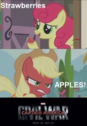 Size: 408x594 | Tagged: safe, derpibooru import, screencap, applejack, strawberry sunrise, pony, honest apple, apple, captain america: civil war, civil war, food, fruit heresy, image macro, meme, screencap comic, strawberry, strawberry savage, that pony sure does love apples, that pony sure does love strawberries, triggered