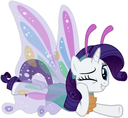 Size: 2450x2264 | Tagged: safe, artist:sonofaskywalker, derpibooru import, rarity, butterfly, pony, unicorn, forever filly, clothes, costume, female, glimmer wings, looking at you, mare, one eye closed, pose, rarifly (costume), simple background, smiling, solo, transparent background, vector