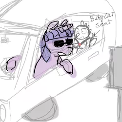 Size: 900x900 | Tagged: safe, artist:apony 4c, derpibooru import, spike, twilight sparkle, ponified, dragon, pony, semi-anthro, unicorn, 4chan, big smoke, car, car seat, drawthread, drive thru, frown, grand theft auto, gta san andreas, open mouth, sunglasses