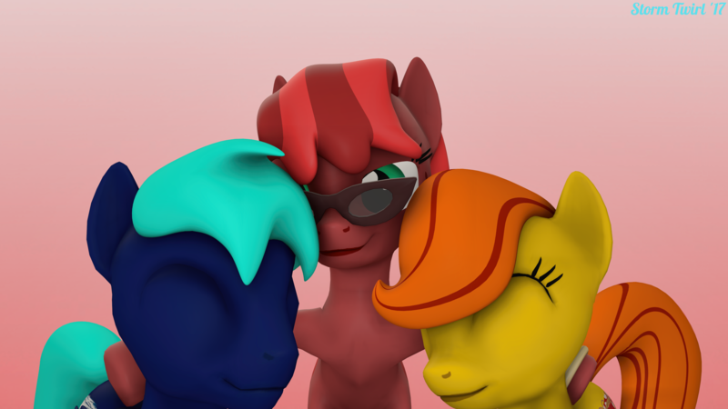 Size: 4000x2250 | Tagged: safe, artist:stormtwirl, derpibooru import, oc, oc:ardor healer, oc:honey glaze, oc:storm twirl, unofficial characters only, pony, 3d, freckles, glasses, honeytwirl, hug, nuzzling, source filmmaker