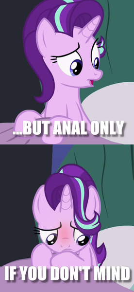 Size: 428x932 | Tagged: questionable, derpibooru import, starlight glimmer, pony, unicorn, anal only, bed, blanket, blushing, dialogue, imminent anal, imminent sex, open mouth, pillow