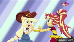 Size: 320x180 | Tagged: safe, derpibooru import, screencap, applejack, sunset shimmer, dance magic, equestria girls, spoiler:eqg specials, animated, clothes, cowboy hat, dancing, dress, gif, gif for breezies, hat, holding hands, looking at each other, picture for breezies, ponied up, teletoon