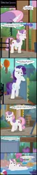 Size: 800x3688 | Tagged: safe, artist:toxic-mario, derpibooru import, rarity, sweetie belle, pony, forever filly, ball, beach ball, comic, fountain, older sweetie belle, water park, wet mane