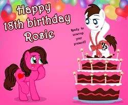 Size: 4328x3551 | Tagged: suggestive, artist:aarondrawsarts, derpibooru import, oc, oc:brain teaser, oc:rose bloom, unofficial characters only, pony, absurd resolution, balloon, birthday, blushing, brainbloom, cake, food, pop out cake, ribbon, strategically covered, tumblr, tumblr blog