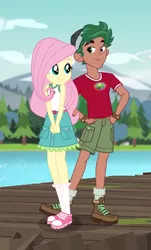 Size: 398x660 | Tagged: safe, artist:limedazzle, artist:themexicanpunisher, derpibooru import, fluttershy, timber spruce, equestria girls, legend of everfree, boots, camp everfree outfits, clothes, cute, female, lake, male, mountain, mountain range, pier, raised leg, request, shipping, shoes, shorts, sneakers, socks, straight, timbershy, tree