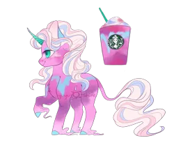 Size: 1200x1000 | Tagged: safe, artist:yuyusunshine, derpibooru import, ponified, classical unicorn, pony, unicorn, female, leonine tail, mare, raised hoof, simple background, solo, starbucks, transparent background, unicorn frappuccino, unshorn fetlocks