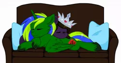 Size: 1280x672 | Tagged: safe, artist:melodytheartpony, artist:violetscratch, derpibooru import, oc, unofficial characters only, alicorn, earth pony, pony, couch, cuddling, male, pillow, sleeping, stallion