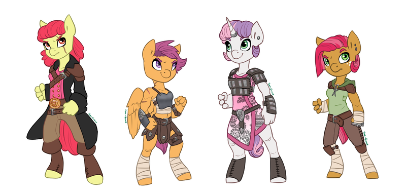 Size: 1440x690 | Tagged: alternate universe, anthro, apple bloom, armor, armor skirt, artist:joan-grace, babs seed, clothes, cutie mark crusaders, derpibooru import, freckles, hoof hands, pirate, rebellion, safe, scar, scootaloo, simple background, skirt, skirtaloo, sweetie belle, unguligrade anthro, white background