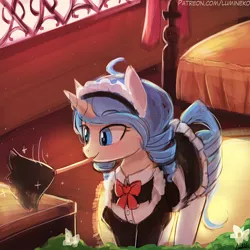Size: 750x750 | Tagged: safe, artist:lumineko, derpibooru import, oc, oc:opuscule antiquity, unofficial characters only, pony, unicorn, bed, bedroom, cleaning, clothes, curtain, drawer, duster, female, maid, mare, mouth hold, patreon, solo, window