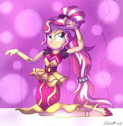 Size: 900x919 | Tagged: safe, artist:wubcakeva, derpibooru import, sunset shimmer, dance magic, equestria girls, spoiler:eqg specials, alternate hairstyle, beautiful, clothes, dress, female, lip bite, ponied up, signature, smiling, smirk, solo, stage