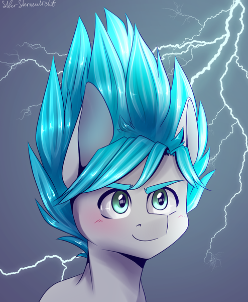 Size: 1400x1700 | Tagged: safe, artist:silbersternenlicht, derpibooru import, oc, oc:stormdancer, ponified, pony, dragon ball super, dragon ball z, goku, green eyes, overpowered, super saiyan, super saiyan blue, super saiyan god super saiyan