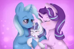 Size: 1024x683 | Tagged: safe, artist:phantomaura8166, derpibooru import, starlight glimmer, trixie, oc, oc:dove (kianamai), pony, unicorn, kilalaverse, female, image, jpeg, lesbian, magical lesbian spawn, mare, mother and daughter, offspring, parent:starlight glimmer, parent:trixie, parents:startrix, shipping, startrix