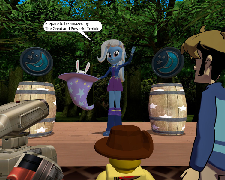 Size: 1280x1024 | Tagged: safe, artist:meltingman234, derpibooru import, trixie, equestria girls, 3d, barrel, boots, clothes, cowboy hat, crossover, hat, high heel boots, hoodie, jacket, lego, magic show, magic trick, nintendo, penny arcade, r.o.b., sam and max, skirt, trixie's hat, tycho