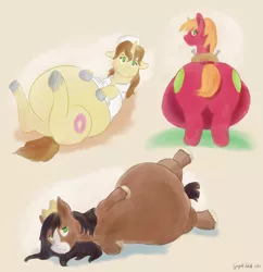 Size: 1239x1280 | Tagged: safe, artist:symplefable, derpibooru import, big macintosh, donut joe, trouble shoes, pony, belly, donut josephine, hyper, hyper pregnancy, impossibly large belly, macareina, pregnant, rule 63, troubleheels clara