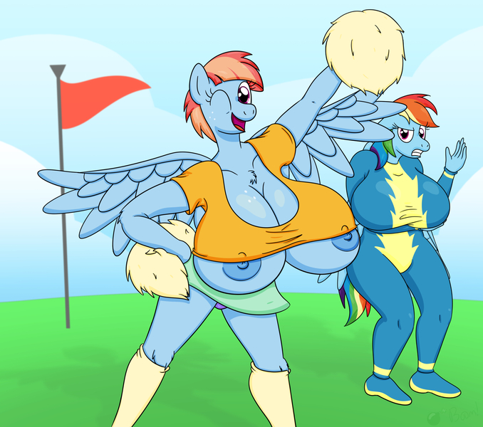 Size: 2120x1876 | Tagged: anthro, areola, artist:gunpowdergreentea, big areola, big breasts, breasts, busty rainbow dash, busty windy whistles, cheerleader, clothes, derpibooru import, duo, duo female, female, females only, flag, flagpole, huge breasts, impossibly large breasts, mother and daughter, nipples, nudity, one eye closed, pom pom, questionable, rainbow dash, skirt, skirt lift, underboob, uniform, upskirt, windy whistles, wink, wonderbolts uniform